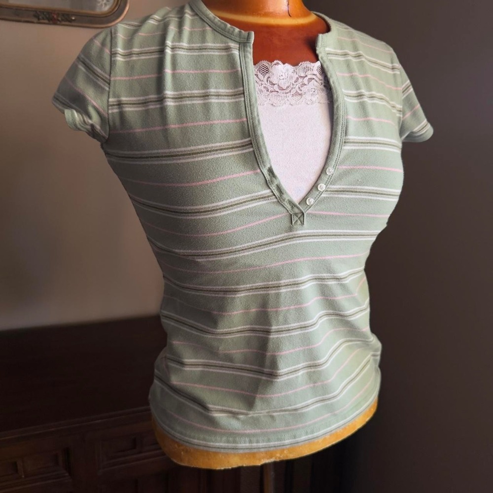 Vintage Y2K Energie Layered Lace Built-In Cami Baby Tee Striped Womens Small